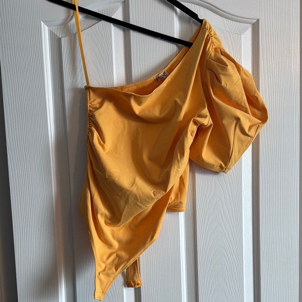 Free People Yellow-Orange Asymmetrical One-Shoulder Body Suit